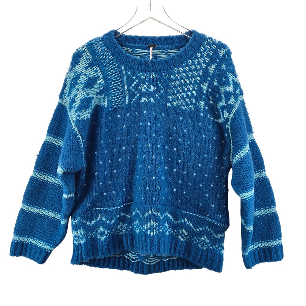 Free People Snow Day Pullover Sweater Frozen Lake Combo‎ Blue Fair Isle XS - Picture 3 of 10
